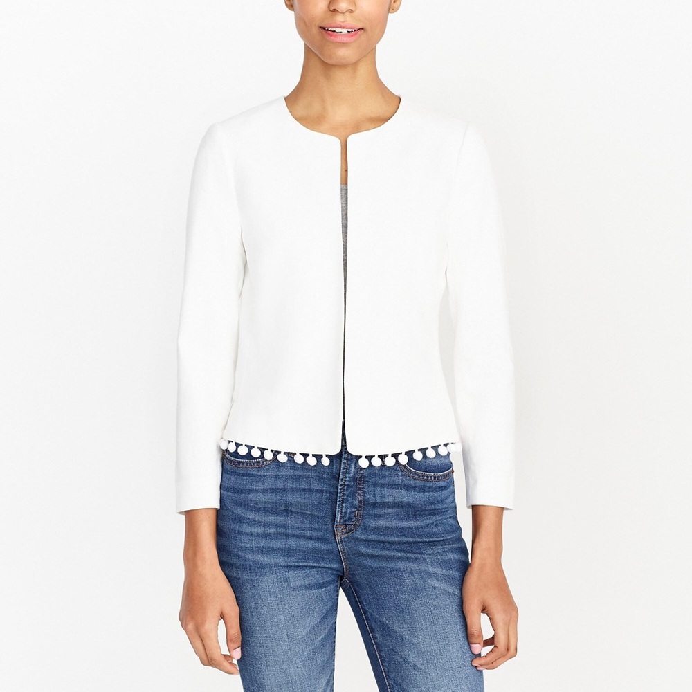 J Crew White Linen Cropped Pom-Pom Jacket - Picture 2 of 9